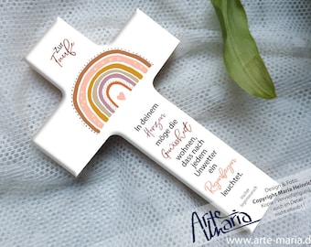 Taufkreuz Kinderkreuz REGENBOGEN Apricot Pastell Farbe „Arjella“ weiß lackiert modern | Irischer Segenswunsch | Zur Taufe | Unpersonalisiert