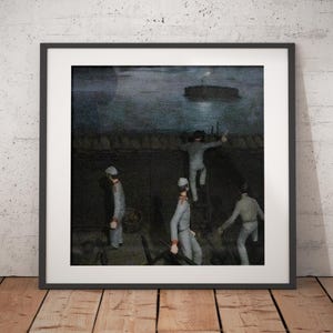 May include: A painting depicting a group of men in military uniforms standing on a wall, looking out at a ship in the distance. The scene is set at night, with a dark sky and a calm sea.
