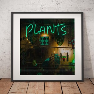 Rainy Night Plants, leuchtende Leuchtreklame, Fensteranzeige, Download Digitalfotografie, Druck, Wanddekor, herunterladbares Bild, druckbare Kunst