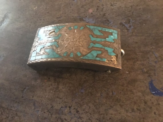 Vintage Silver and turquoise belt buckle, age and… - image 4