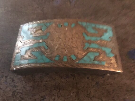 Vintage Silver and turquoise belt buckle, age and… - image 3