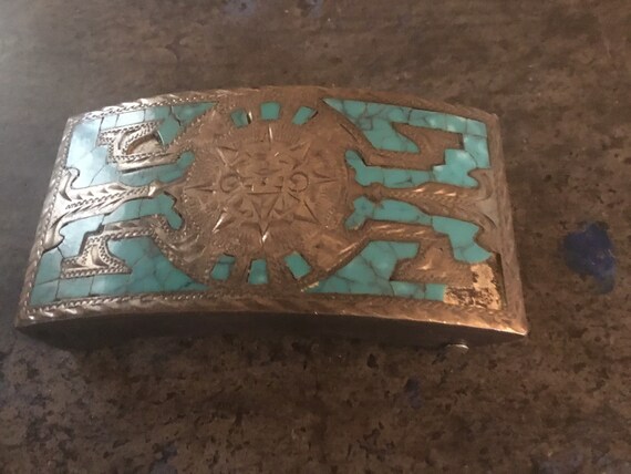 Vintage Silver and turquoise belt buckle, age and… - image 1