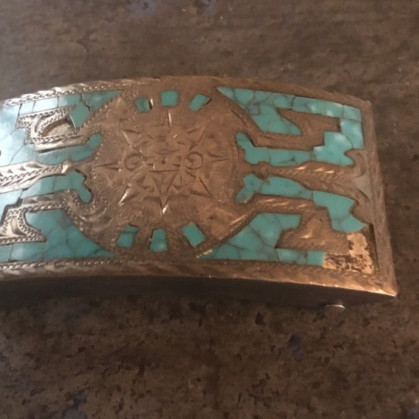 Vintage Silver and turquoise belt buckle, age and origin unknown. Missing turquoise