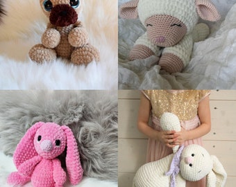 4 in 1 crochet stuffed animals, crochet amigurumi pattern, Crochet bunny, crochet dog, crochet lamb, PDF, beginner friendly, easy to follow