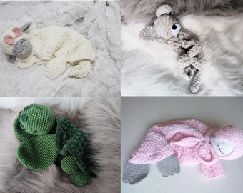 4 in 1 Crochet baby loveys! Lamb, Bulldog, Turtle and Penguin loveys with PDF patterns! Cosy, loved, blanket, animal, for kids, children