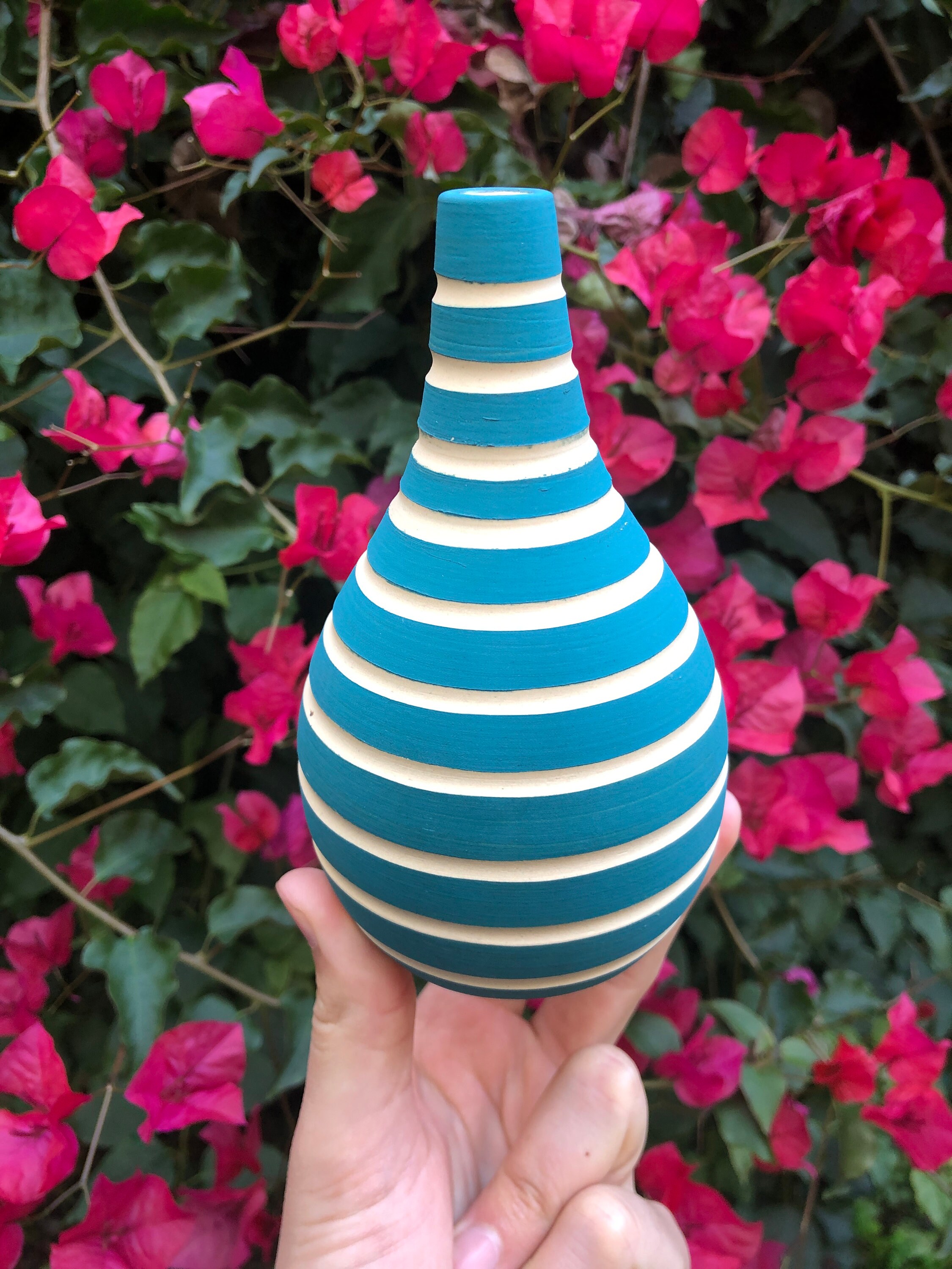 Home Décor Blue Green Bud Vase Striped Carved Ceramic Vase Home & Living