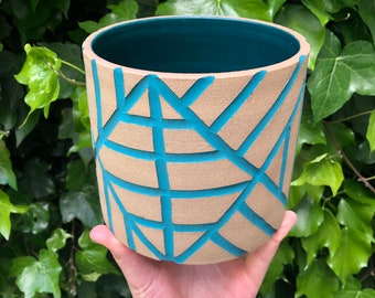 Large Diagonal Carved Ceramic Planter - MADE TO ORDER - Brown & Blue Green Planter - 6x6 Inches