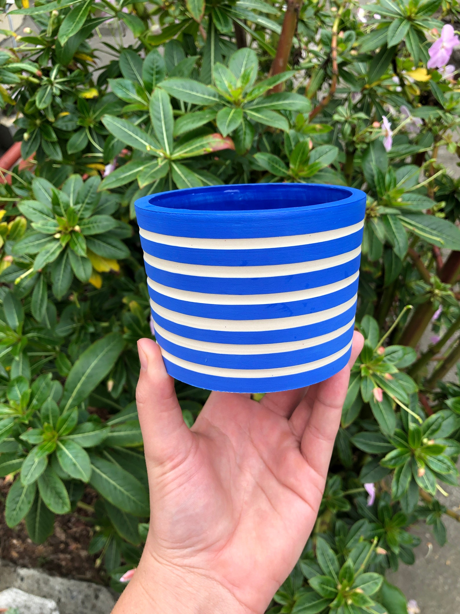 Large Striped Carved Ceramic Planter Light Blue & White Etsy