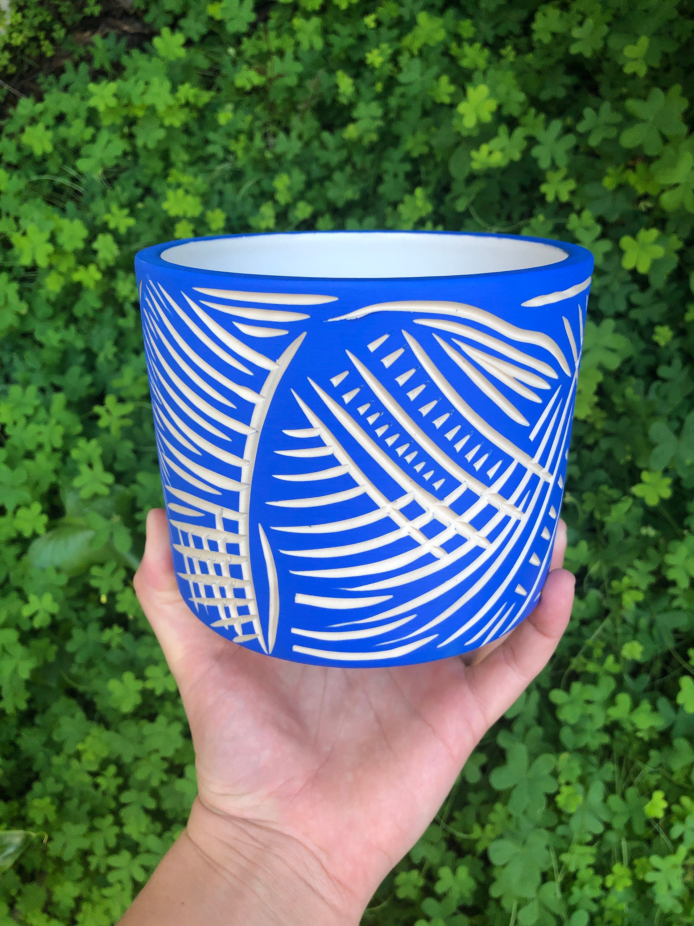 Large Carved Patterned Ceramic Planter Light Blue & White Planter MADE