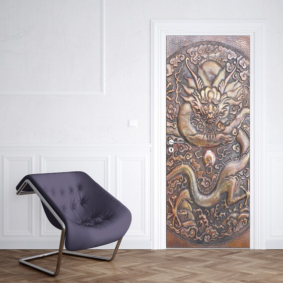 Embossment Effect Bronze Dragon Pattern Door Mural Removable Fabric Wall Print Custom Door Wrap Decal Self Adhesive Home Wall Art Decor