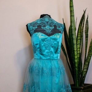 Aqua Floral Lace Tulle cocktail dress with Satin Sweetheart Neckline Bodice and Hand Sewn Lace Applique with Crystal Beading