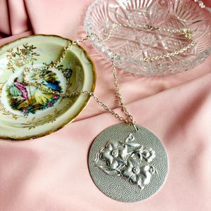 Vintage Sliver Tone, Floral Embossed Medallion Necklace