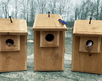 3 CEDAR Bird Houses 1 Bluebird, 1 Wren, 1 Chickadee Easy to Open and Clean