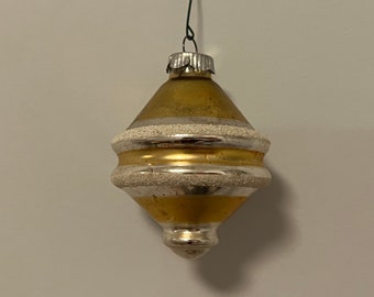 Atomic Tornado Top Glass Christmas Ornament, 1940s West Germany Lantern, Silver and Gold with White Mica