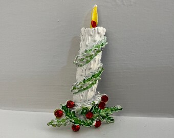Rhinestone and Enamel Christmas Candlestick Brooch with Flame, White with Green Foliage