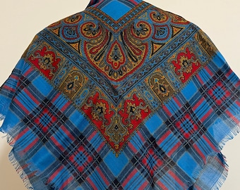 Yves Saint Laurent Wrap Scarf, vintage Wool and Silk Blend, Plaid et Paisley Pattern des années 1970