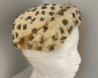 White Velvet Crescent Hat with Intricate Beading and Veil, By Renee&#39;s of Newton, Massachusetts
