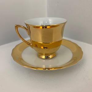 RGK Czechoslovakia Fine China, White Porcelain and 24k Gold, Demitasse Teacup and Saucer