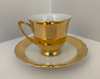 RGK Czechoslovakia Fine China, White Porcelain and 24k Gold, Demitasse Teacup and Saucer