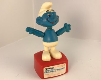 Smurf Push Puppet Toy, Vintage 1980, Wallace Berrie Helm Peyo, Made in Hong Kong, British Patent