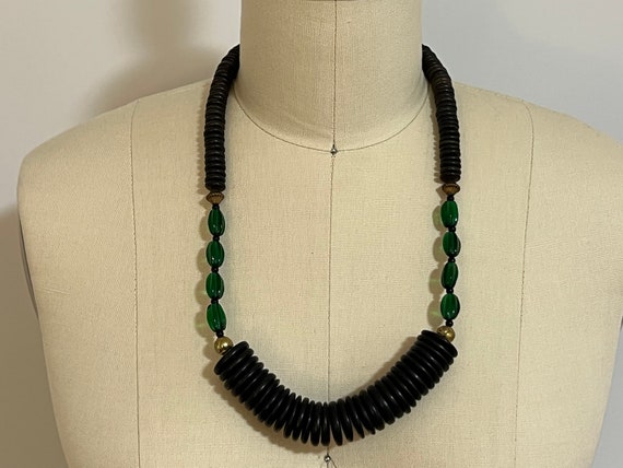 Chunky Necklace with Wooden Black Disc Beads, Gre… - image 2
