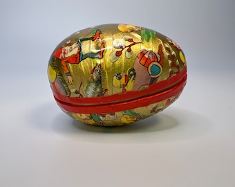 Western Germany Paper Mache EASTER EGG Container, 1940s Colorful Litho Imagery with Gold Background and Red Stripe