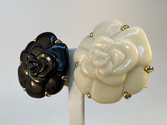 Carved Bakelite Rose Clip-on Statement Earrings, … - image 3