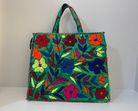 Emerald Green Silk Handbag with Colorful Embroide… - image 2