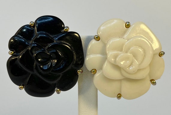 Carved Bakelite Rose Clip-on Statement Earrings, … - image 1