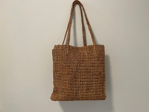 Woven Jute Shoulder Bag, 70s Woven Boho Purse - image 1