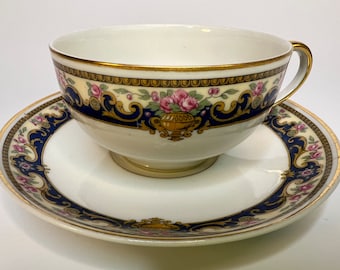 Limonges &#39;La Cloche&quot; Tressemanes & Vogt Flat Cup with Saucer TRV303, Crafted in Limoges France, Vintage Teacups and Saucers
