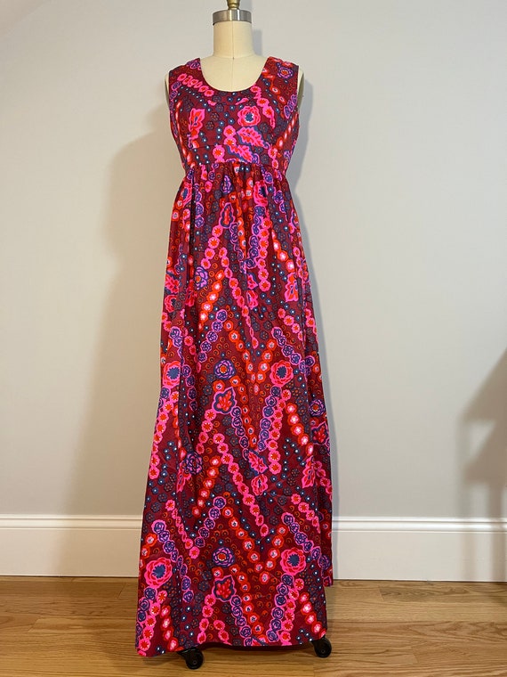 Boho Silk Sleeveless Maxi Dress, 1960s MOD Abstra… - image 1