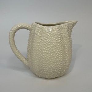 May include: White ceramic pitcher with a textured surface resembling a sea urchin. The pitcher has a rounded body and a handle.