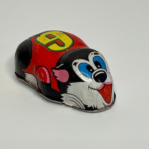 Vintage Yone Tin Friction Toy Mouse Number 6, Made in Japan, Red & Black Race Car Metal