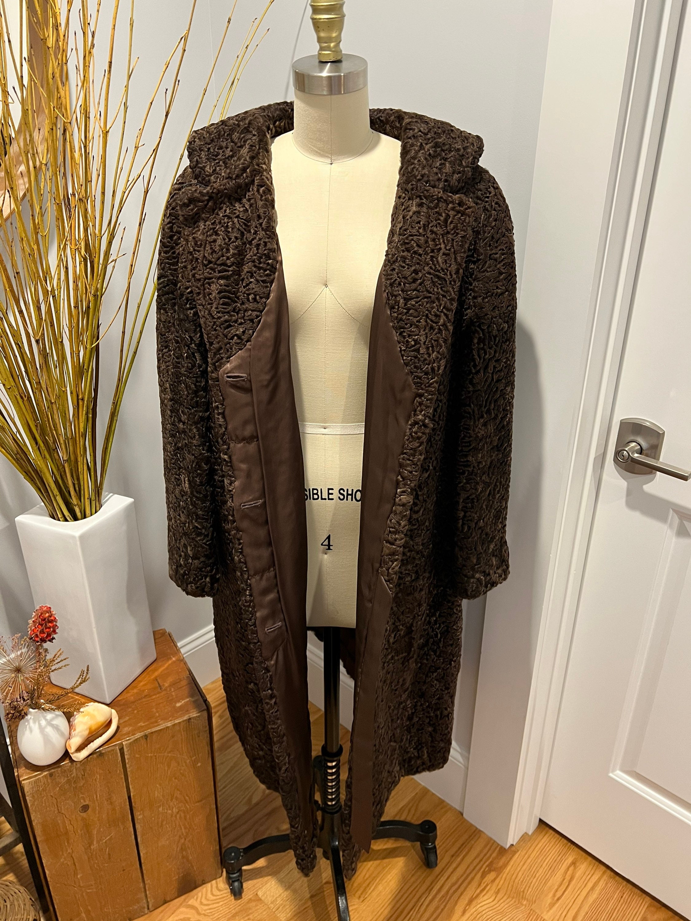 Vintage 1960s Persian Lamb Coat, Karakul Fur in Chocolate Brown