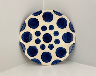 Hand Painted Blue and White Polka-Dotted Stoneware Serving Platter, Artist Signed