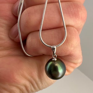 Black Tahitian Pearl Pendant & Vintage Sterling Silver AGI Snake Chain, 12mm