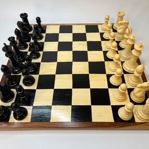 Solid Walnut Chess Board, Hand Painted, Quadruple Weighted Plastic Chess Set Black & Ivory Pieces, Wooden Checkerboard