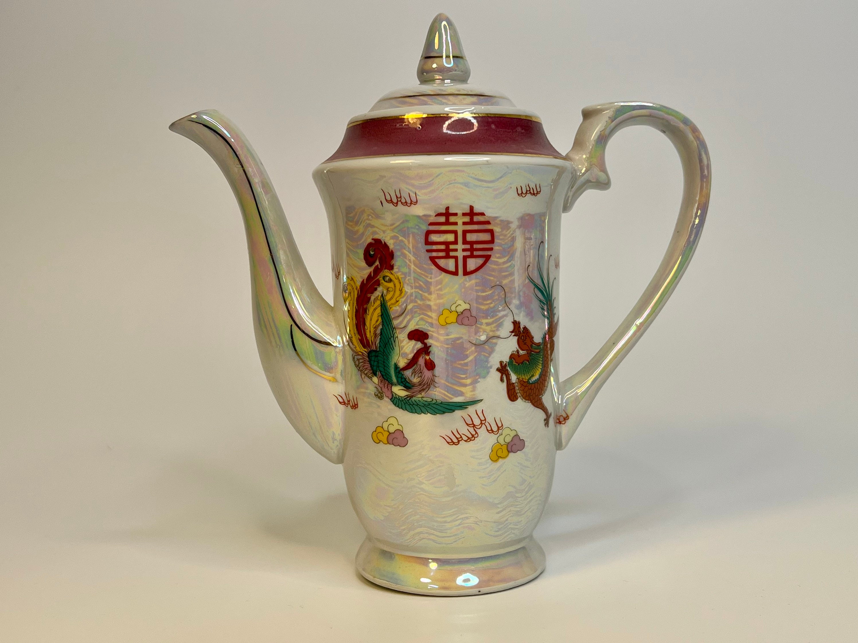 Iridescent Ceramic Teapot or Coffee Pour Pot with Dragon and Phoenix Motifs, Opalescent Rainbow Quality