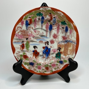 Orange Kutani Nippon Hand Painted Geisha Dessert Plates, Small Size