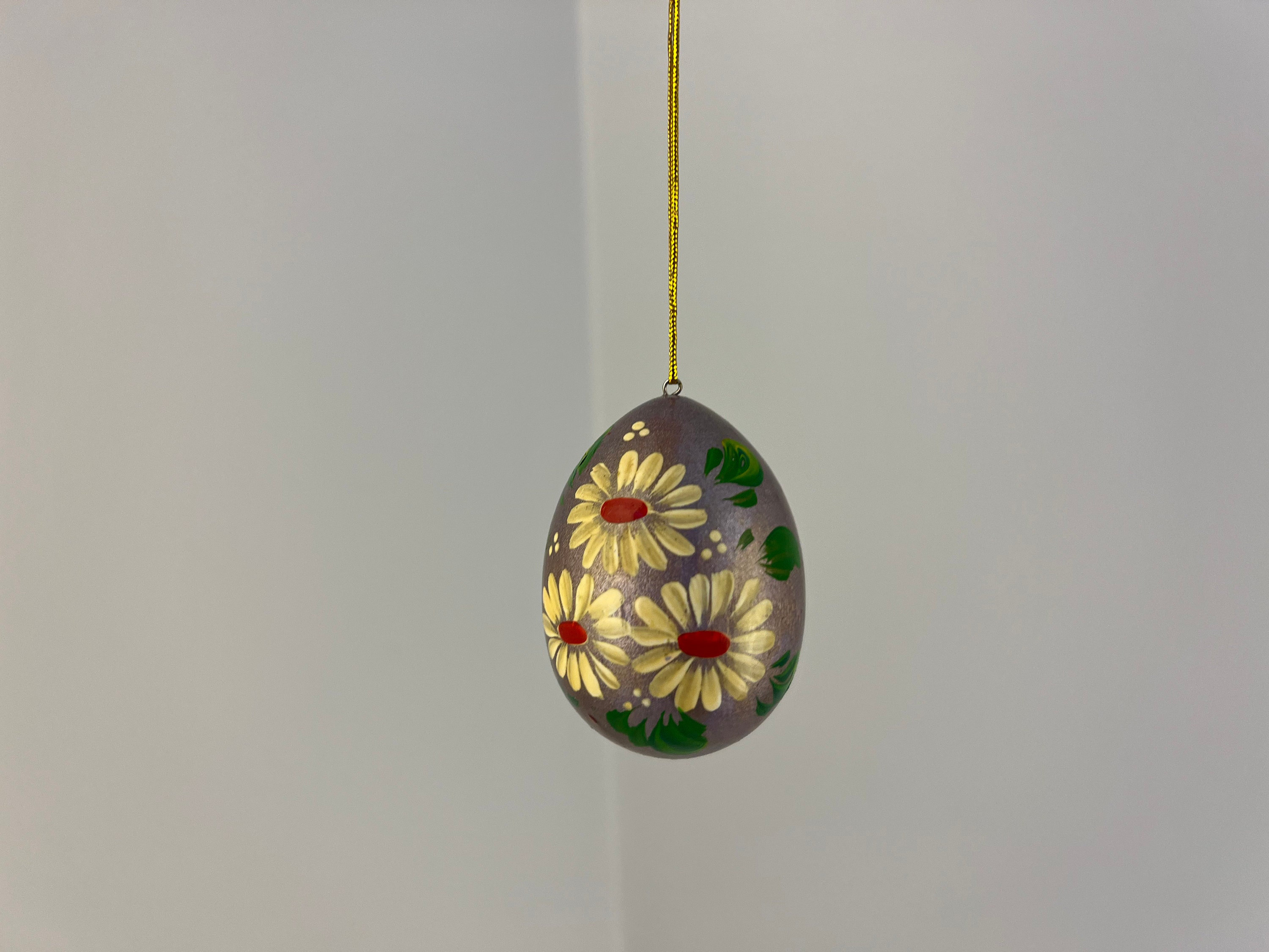 Hand Painted Wooden Egg Christmas Ornament with Floral Motif, Eastern European Style