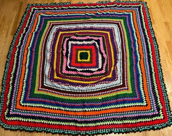 HUGE Afghan Crochet Blanket from 1970s, 96x96in Rainbow Throw Blanket, Vintage Decor