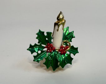 Festive Christmas Candle Brooch, Vintage Enamel and Metal Pin