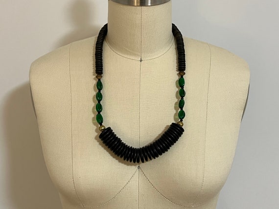 Chunky Necklace with Wooden Black Disc Beads, Gre… - image 1