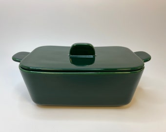 Hand Made Rectangular Serving with Lid and Handles, Dark Green Rustic Casserole Pottery Dish