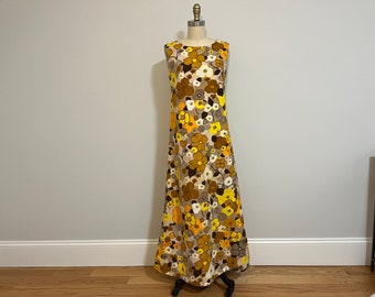 60&#39;s MOD Floral Maxi Dress, Vintage Textured Textile in Orange and Yellow