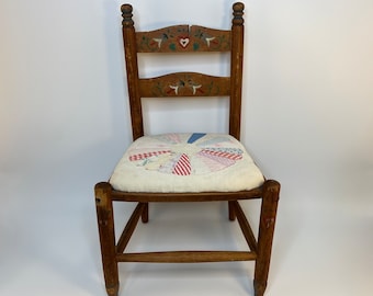 Antique Child&#39;s Primitive Tole Painted Folk Art Wooden Chair with Quilted Seat Cushion