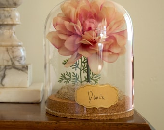 Large Glass Dome, Dahlia Cloche, Lifelike Faux Floral Centerpiece, Everlasting Botanical Arrangement