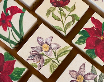 Vintage Hand Painted Floral Gift Box: Peony, Helleborus, Poinsettia, Amaryllis