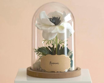 Anemone Flower Cloche Terrarium, Lifelike Faux Floral Botanical Centerpiece